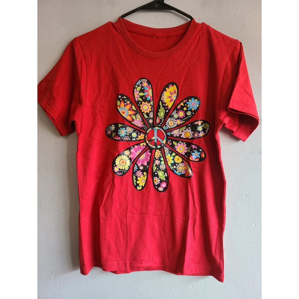 New women's red tee t-shirt with hippie flower (small, large, XL)